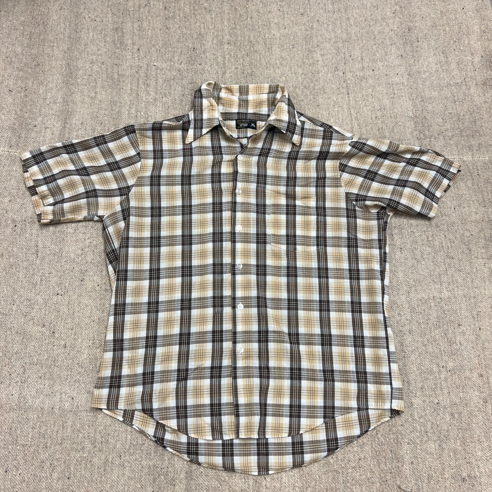 Vintage Towncraft Button Up Shirt Mens XL Brown 1970s Plaid Short Sleeve Western